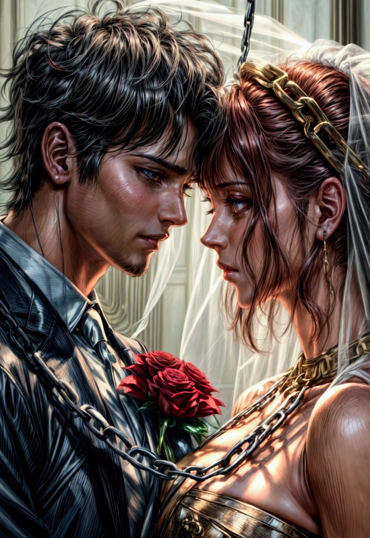 oil painting anime comic art, julie bell art of a groom held by ((radiant chains: 1.2)), in his wedding day and his bride, a han...