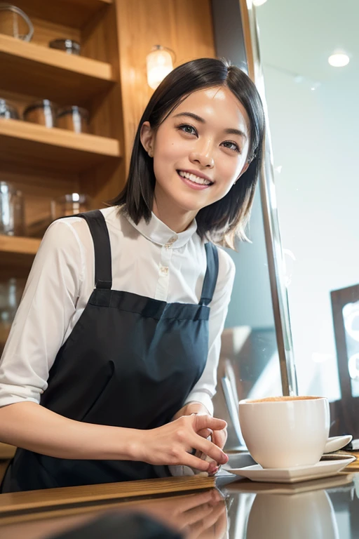 (8k, RAW photo, best quality, masterpiece), (photorealistic), outstanding details, ultra-high resolution, anatomically correct, textured skin, (Extremely precise and accurate anatomy),
Ultra Detailed Face, Detailed Eyes, 

 1 Girl, barista uniform, forehead, pulled back hair, 
(Cute Japanese girl , 20-year-old), (light smile:1.2),  (Mouth slightly open) , 
cinematic lighting in the hair, hair light, wind in the hair,
open cafe, 

(backlighting), 
(reflection light from below:1.4), 
atmospheric perspective, depth of field, 
(dramatic lighting), cinematic lighting, 