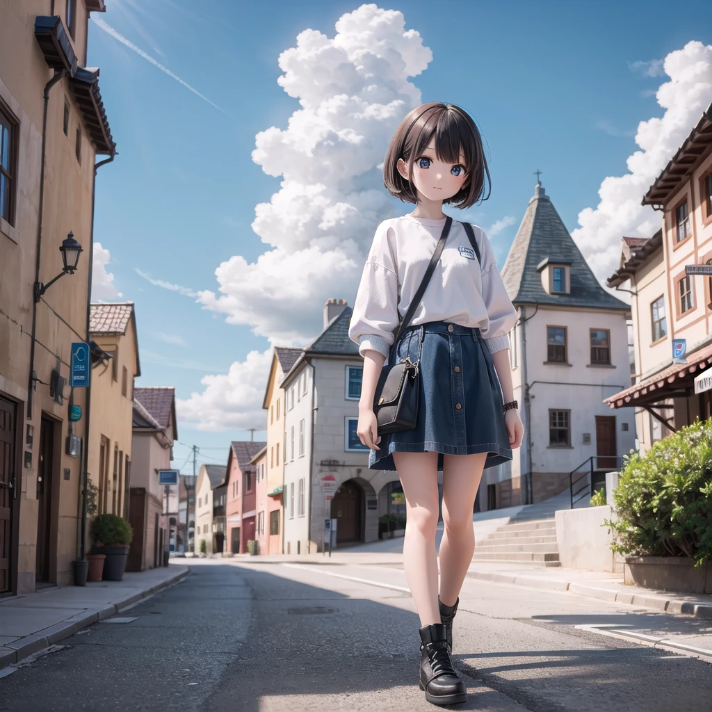 (masterpiece),  town,  blue sky,  one person&#39;s,  smile,  alone,  Sailor suit、Long skirt,  Overgrown,  petal,  plant、Skirt lining、Translucent slip、nostalgic、Black Pantyhose