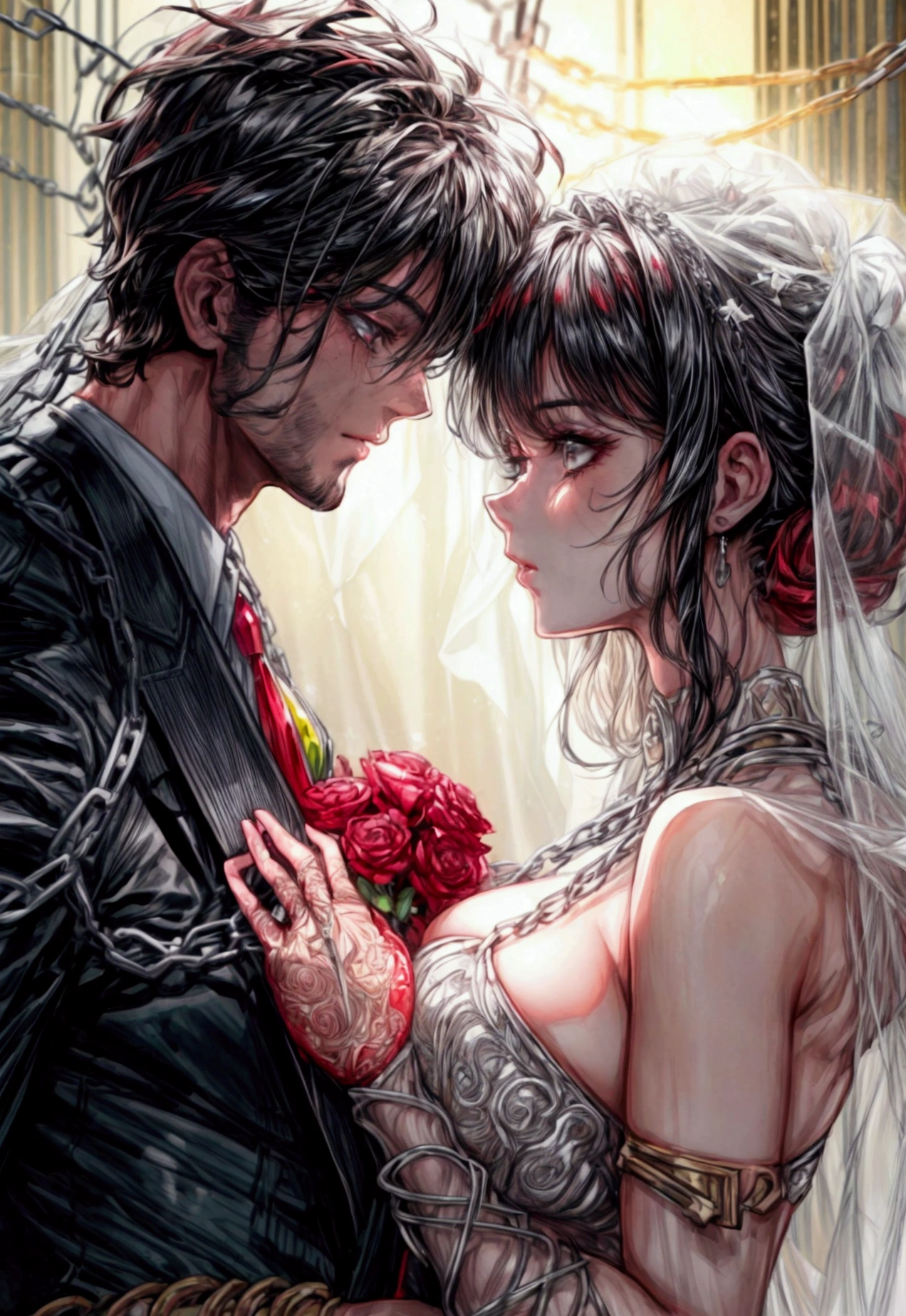 a comic art, Julie Bell art of a groom held by ((radiant chains: 1.2)), in his wedding day and his bride, a handsome groom, wearing suit and tie, BREAK AND a beautiful, sexy bride, busty bride, wearing white lace wedding dress, the chain holds the groom, with chains, the chain forms the shape of red glowing heart, cinematic light, High Detail, Ultra High Quality, High Resolution, 16K Resolution, Ultra HD Pictures, Ultra Realistic, Clear Details, Realistic Detail, Ultra High Definition, rpg portrait, chain leash, Comistyle