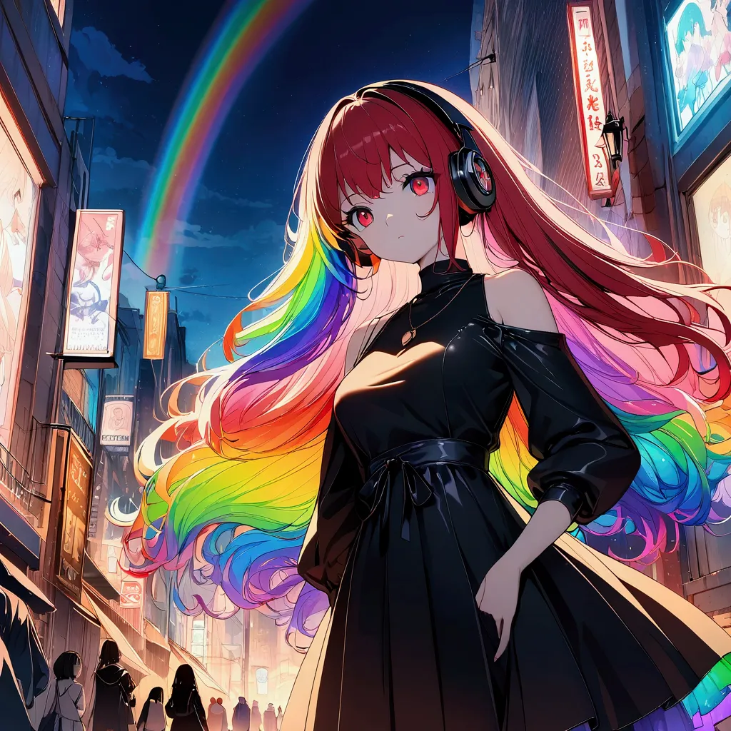 (((anime))) a woman falling from the roof of a building,gal,long hair,(rainbow hair),bangs parted in the center,black headphones...