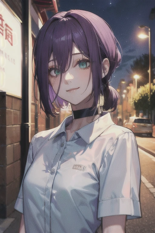 (Highest quality)、(Highest quality)、cut、Chainsaw Man、cute、(choker).eyes are emerald、Her hair is purple、Short Bob、Beautiful night park、whole body、detailed、強力なdetailed、cut、(A kind smile).Cuts、