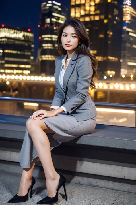 (grey blazer)、business blouse、(grey long skirt:1.3)、((full body portrait))、silk pantyhose、sitting、(both legs and high heels look...