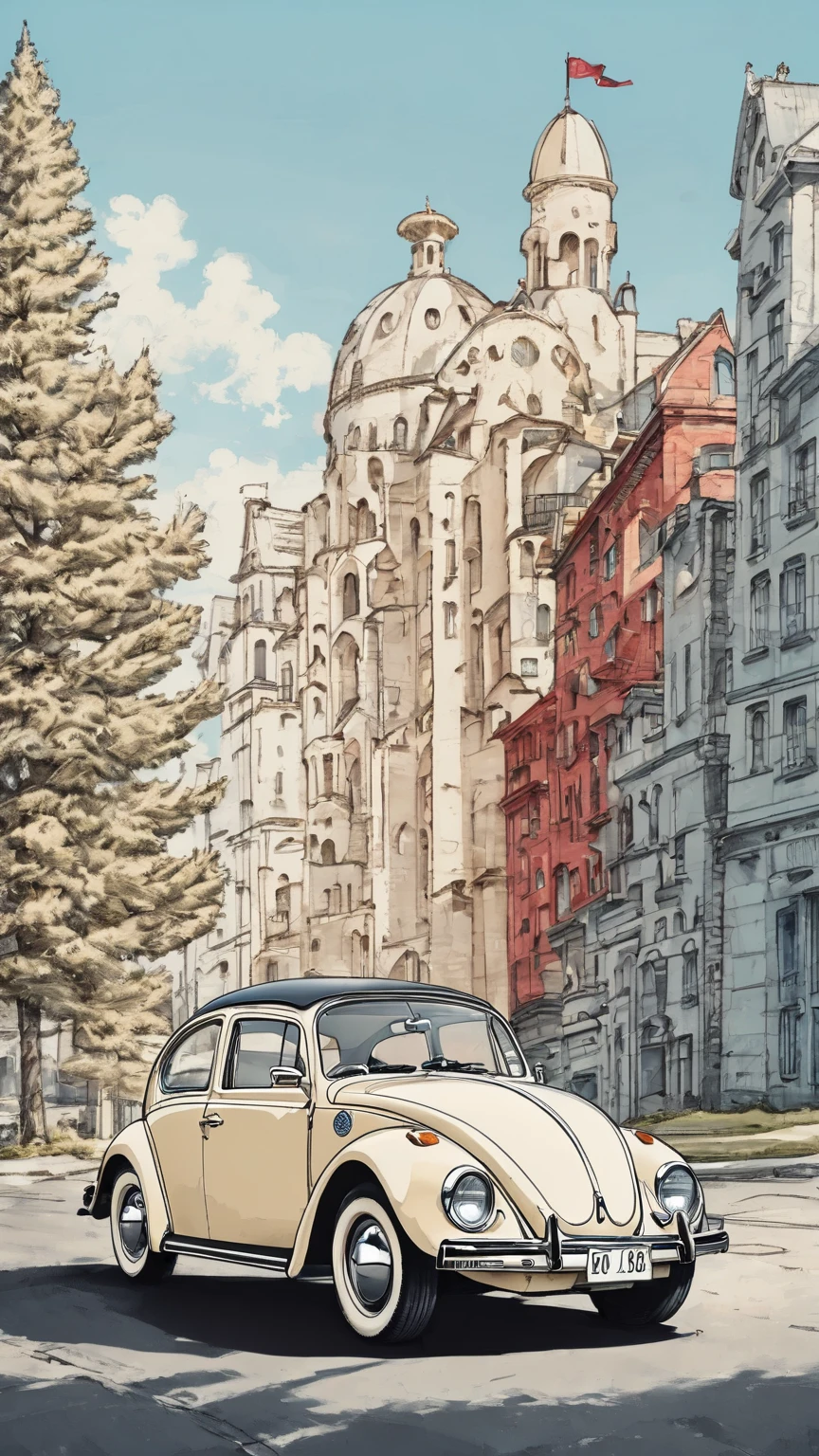 Draw caricature style, cartoon, The image shows a classic Volkswagen Beetle, parked in an outdoor environment. The car has a cream colored body with whitewall tires and red rims., demoted,which gives it a retro look. The background includes some modern buildings, Trees and a clear blue sky. The car appears to be in good condition and stands out for its nostalgic design..