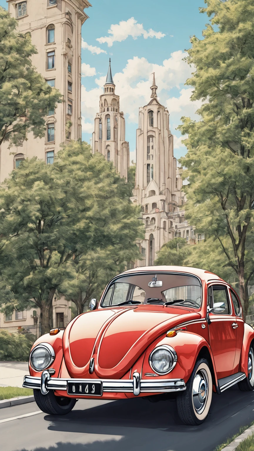 Draw caricature style, cartoon, The image shows a classic Volkswagen Beetle, parked in an outdoor environment. The car has a cream colored body with whitewall tires and red rims., demoted,which gives it a retro look. The background includes some modern buildings, Trees and a clear blue sky. The car appears to be in good condition and stands out for its nostalgic design..