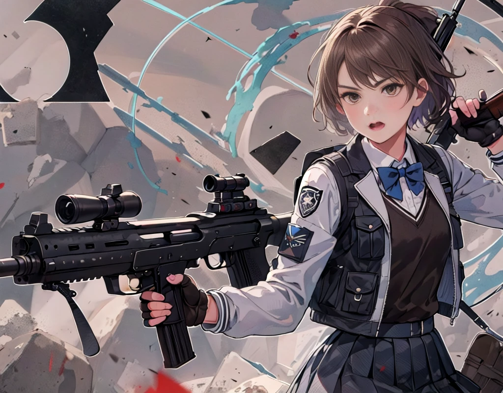 1girl, solo, long hair, open mouth, skirt, brown hair, black hair, gloves, holding, twintails, brown eyes, school uniform, jacket, full body, ponytail, weapon, pleated skirt, shoes, black gloves, socks, fingerless gloves, holding weapon, from side, gun, plaid, kneehighs, plaid skirt, brown footwear, white jacket, black socks, loafers, holding gun, rifle, smoke, brown skirt, sniper rifle, firing, scope, suppressor
