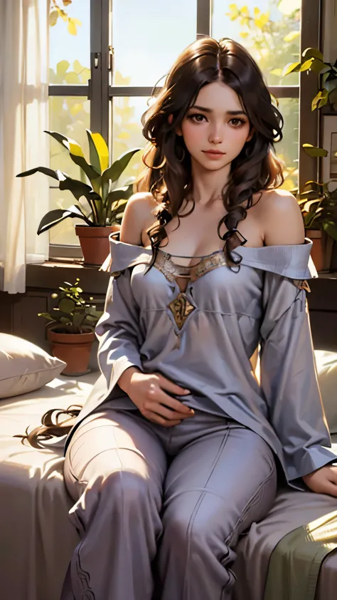 (photorealism:1.2), beautiful woman, sitting on bed, wearing loose off-shoulder top, pajama pants, long curly hair, indoors, sof...