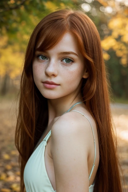 a young  girl, redhead, cinematic, The portrait showcases a young (redhead girl:1.3) with a shy and innocent demeanor, blueish eyes, sensual slim face, big lips, and shorts, Her hair is styled sleek and straight, elegantly framing her face with adorable long hairl .Her face is illuminated by gentle lighting, highlighting her delicate features. The girl's eyes sparkle with a hint of curiosity and her lips form a subtle, shy smile. The background consists of a ourtoor nature autum scenery muted and warm-toned setting, providing a calm and serene atmosphere. The composition focuses on the girl's face, capturing the intricate details of her flawless pale skin with freckles, The overall image exudes a sense of tranquility and captures the innocence and gentleness of youth, she have small breasts, shiny latex bikiny