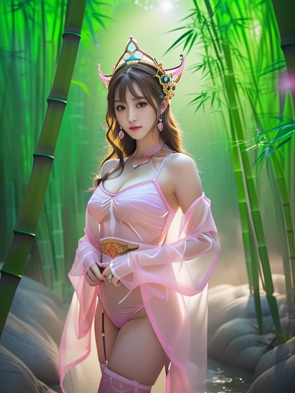 A female model, (Race:Chinese),((night, bamboo forest, moonlight, Thick fog)), (8K Ultra HD, 8K, Ultra-high resolution, best quality, masterpiece, Surrealism, Digital SLR Camera, Soft Light, Bokeh, Masterpieces), ((((Beautiful model-like face))), (Creating the image of a real girl), warm light, Realistic shadows, Dynamic poses, Elegant Posture, Cowboy lens, Full body front view, Be confident, Body facing the camera, Standing facing the camera, Open your legs slightly, Golden Ratio Graphics, Minimalism), (Happy smile, Big watery eyes, Cherry Blossom, Balanced Eyes, Perfect beautiful face, Normal facial features, Realistic skin, Attention to skin details, Skin is clean and radiant, Whitening, Anatomically correct body, 沙漏型figure, figure, cosmetic, Gloves, earrings, bracelet, necklace, Jewelry, veil, Hair accessories, Headdress, shawl), ((beautiful hair), Reddish-brown hair, Wavy curly hairstyle, Waist-length hair, Messy Hairstyle, Gradient hairstyles, Cyberpunk hairstyle), ((Transparent clothes：1.5), (Color of clothes: Pink orange background), Transparent Clothes, See-through clothes, Transparent Clothes, Tulle clothes, Mesh clothes, Transparent sci-fi clothes, Shiny micro bikini bra, (Clothes that accentuate your bust shape)), (Sexy的, Perfect breast shape, Teardrop chest shape, Snow-white breasts, very detailed breasts, 36C cups), (Super high waist, Deep V, Low-cut, Sexy, Flattering, Open crotch, (Camel toe, High fork strangulation)), (sock, Knee socks, 吊garter, Leg ring, garter, 腿部garter), (style:Sexy,Mature), (Wet body:1.0) , (Wet clothes:1.0) 