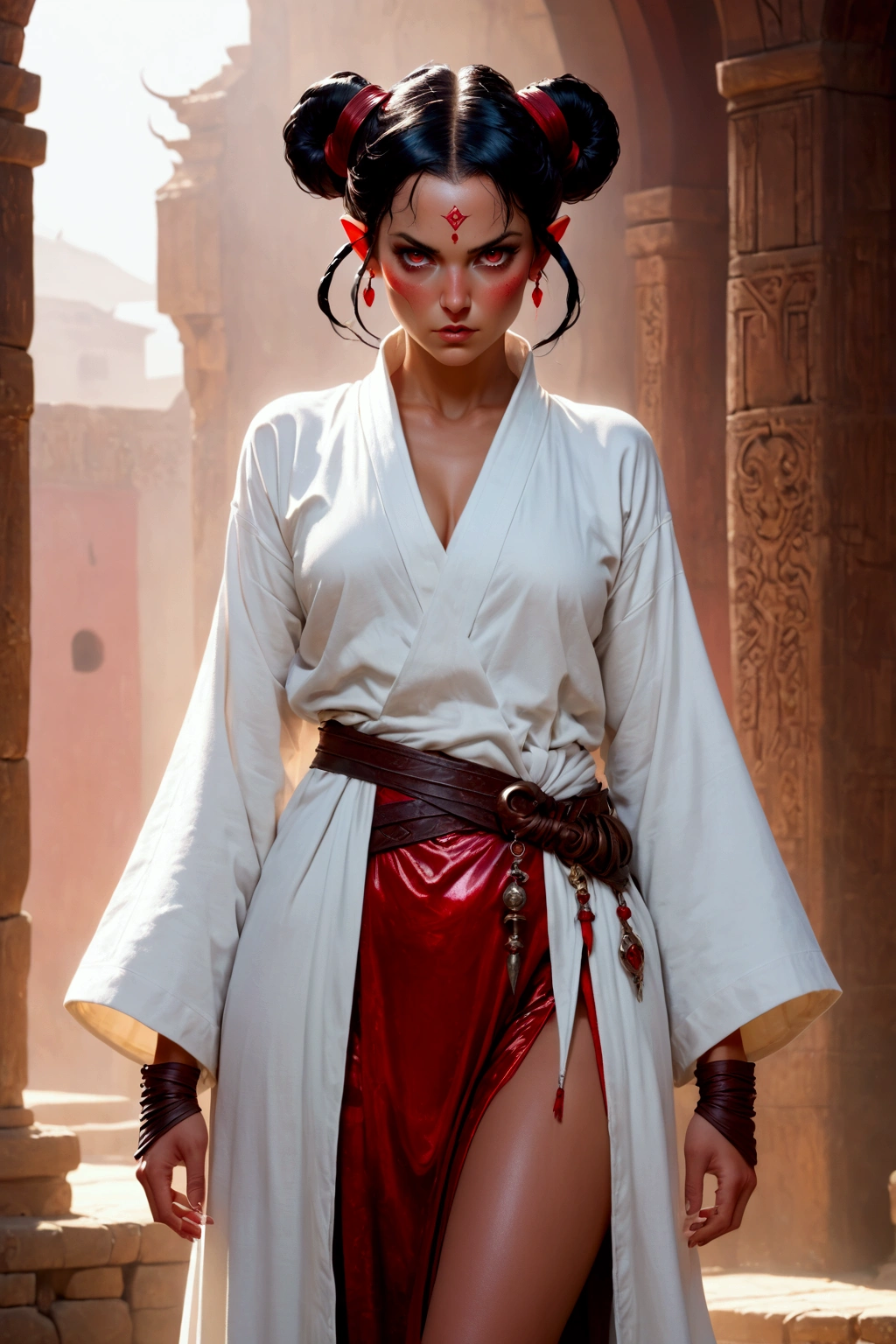 ((Mediovale)), uma Malher Tiefling, ((red glossy shiny skin of the whole body)), ram's horns, standing body in full height, open white short robe, da Vinci styles, (completely white eyes), scar on the lips on the right side, beautiful mendalevidnye eyes, a look with menace, black hair, hair gathered in a bun, combed on both sides, a pigtail on each side of the bangs,