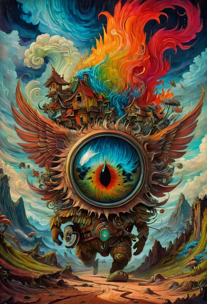 Fantasy illustration, psychedelic art depicting an illusory, disturbed, abstract, ephemeral, elusive and unstable visual narrative, digital painting, mesmerizing and highly detailed, vivid colors, surrealism, psychedelic background, intricate details, 3D rendering, oil painting, delicate, octane rendering. Hayao Miyazaki style., in the style of esao andrews,potma style,esao andrews style
