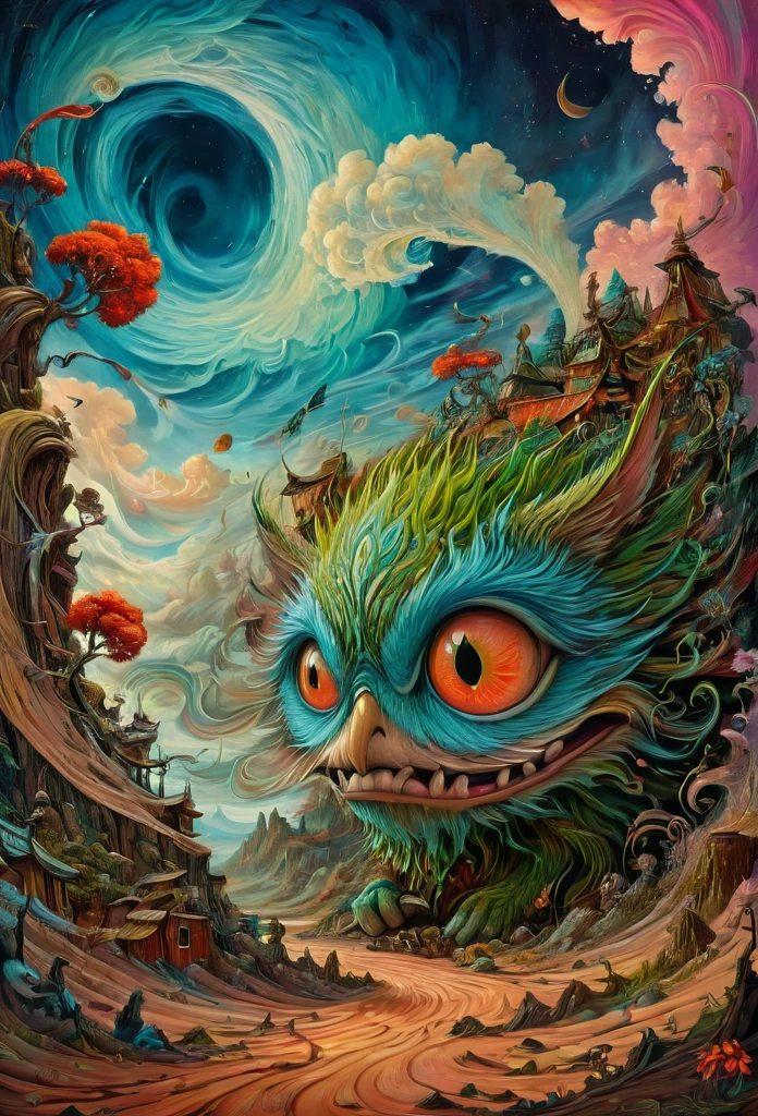 Fantasy illustration, psychedelic art depicting an illusory, disturbed, abstract, ephemeral, elusive and unstable visual narrative, digital painting, mesmerizing and highly detailed, vivid colors, surrealism, psychedelic background, intricate details, 3D rendering, oil painting, delicate, octane rendering. Hayao Miyazaki style., in the style of esao andrews,potma style,esao andrews style
