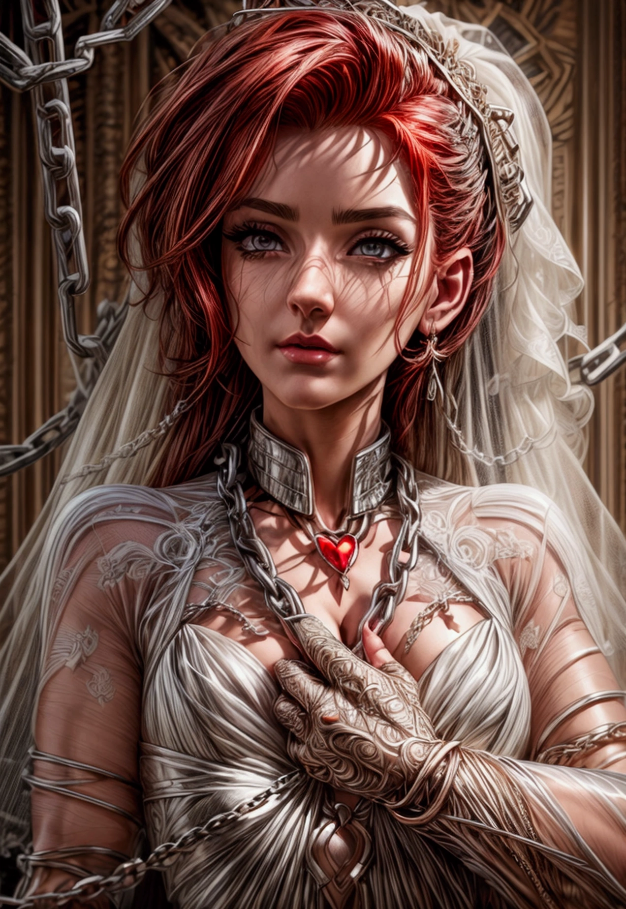 a comic art, Julie Bell art of a groom held by ((radiant chains: 1.2)), in his wedding day and his bride, a handsome groom, wearing suit and tie, BREAK AND a beautiful, sexy bride, busty bride, wearing white lace wedding dress, the chain holds the groom, with chains, the chain forms the shape of red glowing heart, cinematic light, High Detail, Ultra High Quality, High Resolution, 16K Resolution, Ultra HD Pictures, Ultra Realistic, Clear Details, Realistic Detail, Ultra High Definition, rpg portrait, chain leash, Comistyle