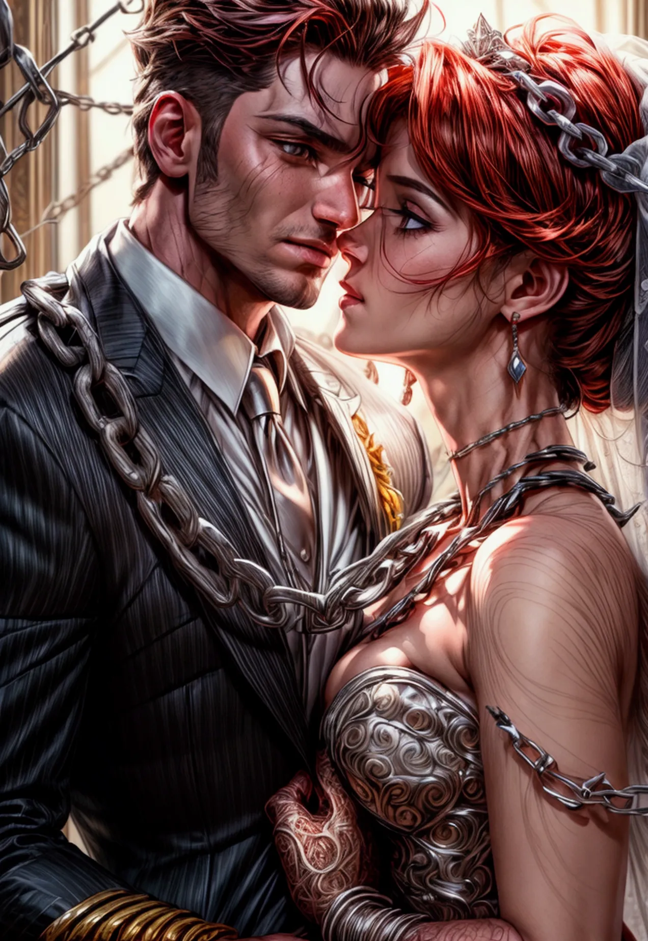 a comic art, julie bell art of a groom held by ((radiant chains: 1.2)), in his wedding day and his bride, a handsome groom, wear...