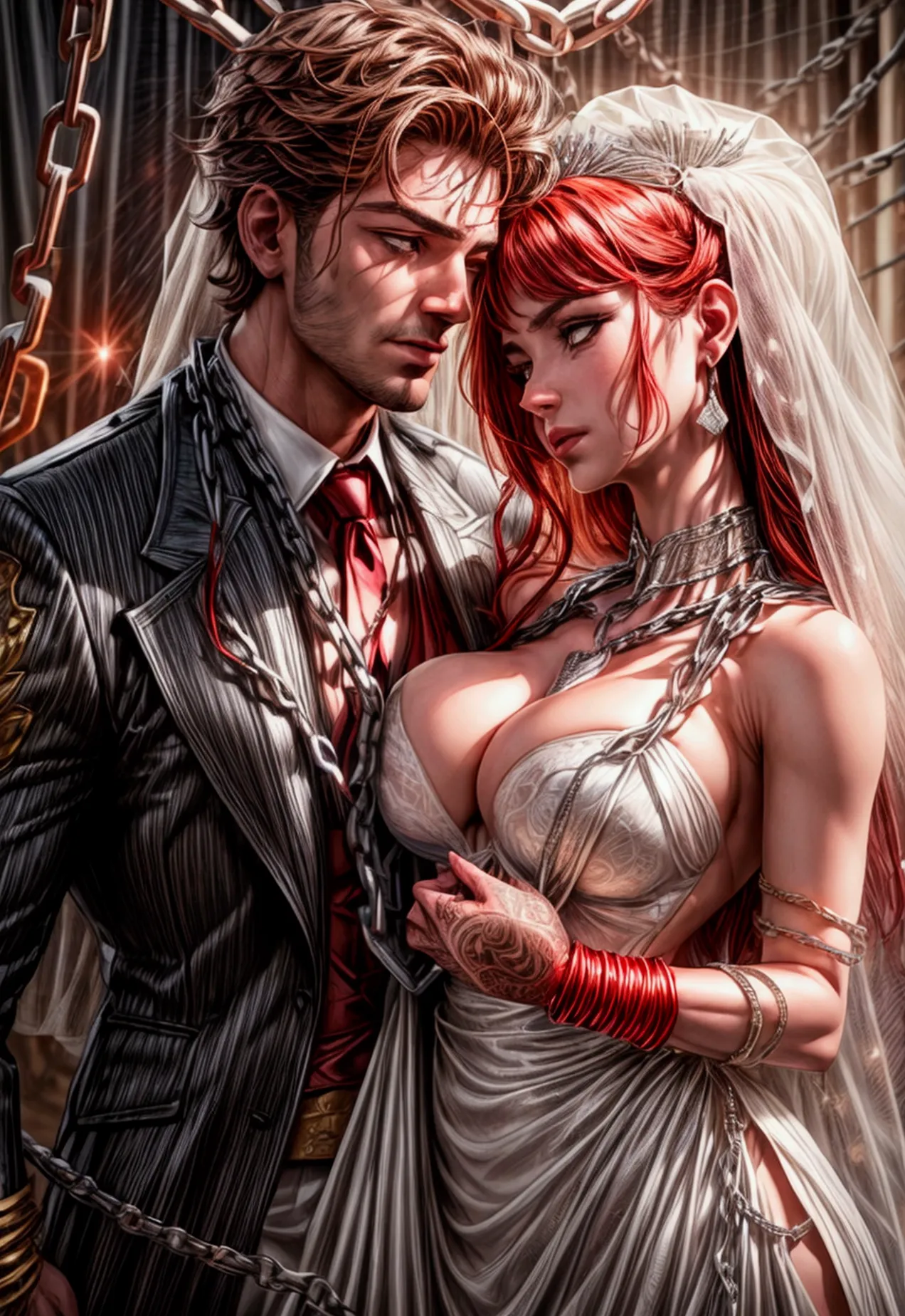 a comic art, julie bell art of a groom held by ((radiant chains: 1.2)), in his wedding day and his bride, a handsome groom, wear...