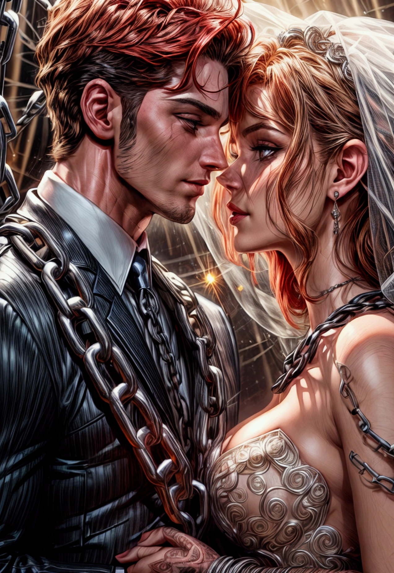 a comic art, Julie Bell art of a groom held by ((radiant chains: 1.2)), in his wedding day and his bride, a handsome groom, wearing suit and tie, BREAK AND a beautiful, sexy bride, busty bride, wearing white lace wedding dress, the chain holds the groom, with chains, the chain forms the shape of red glowing heart, cinematic light, High Detail, Ultra High Quality, High Resolution, 16K Resolution, Ultra HD Pictures, Ultra Realistic, Clear Details, Realistic Detail, Ultra High Definition, rpg portrait, chain leash, Comistyle