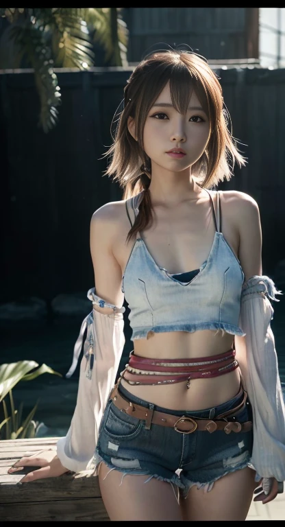 4K,1、Denim bikini、Tabletop, High resolution, Very detailed), 1 female, 2, Final Fantasy Yuna x2, More mature, ((Simple Background)), Simple dark background, ((There is nothing in the background)), Surreal, Yuna's Final Fantasy Costume, Yuna's original costume design in Final Fantasy X2, (((Hmph://www.Creative Uncut.。.。.。.。.and/Gallery-01/FF10 - 2 - Yuna 2.....HTML))), Tattered denim shorts, Features of asymmetrical clothing, belt on left hip, Optimal Clothing Simulation, It&#39;s not a necklace, 1 female, Windy nights, Yuna&#39;Bob Hairstyle, 大きなchest, chestの谷間, middle_chest, Thick body, smile, Sleeves not hanging down,, Close-up shot, Photographed from the front, zoomed in shots, Access HIPS image scope, smile with closed mouth, Head to waist, Character looking at camera, I&#39;I&#39;I&#39;m watching you, YunaFFX, Blue beaded earrings