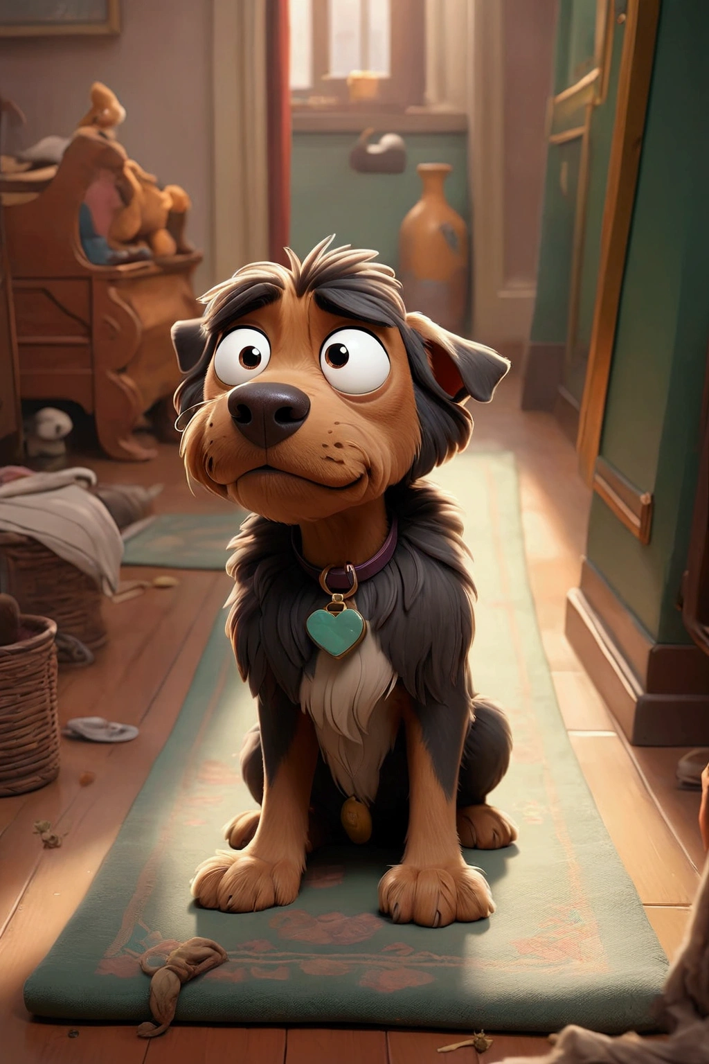 there is a dog cartoon charater in disney style that is sitting on the floor in the room, scruffy looking, looking straight to camera, by Romain brook, by Emma Andijewska, looking straight to the camera, selfie of a dog, his hair is messy and unkempt, retired barney, cute furry needs your help, portrait zeus, by Petr Brandl, looking smug