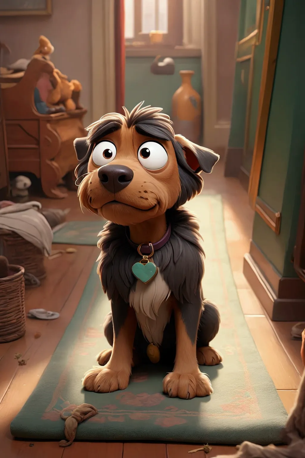 there is a dog cartoon charater in disney style that is sitting on the floor in the room, scruffy looking, looking straight to c...