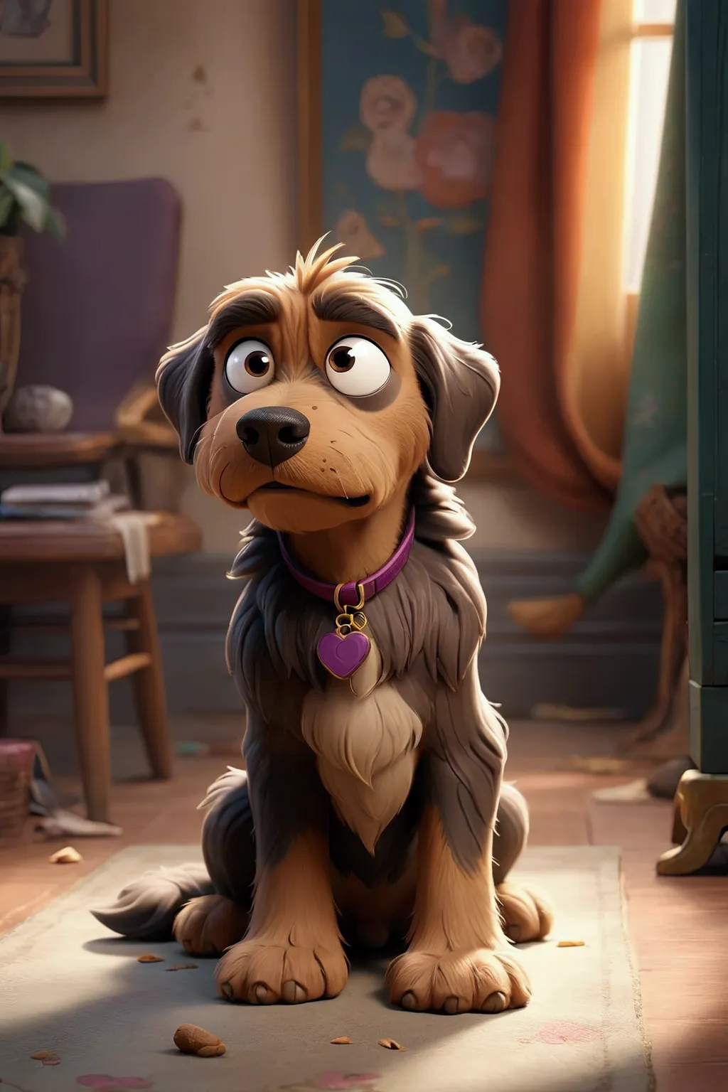 there is a dog cartoon charater in disney style that is sitting on the floor in the room, scruffy looking, looking straight to c...