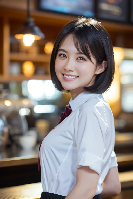 (8k, RAW photo, best quality, masterpiece), (photorealistic), outstanding details, ultra-high resolution, anatomically correct, textured skin, (Extremely precise and accurate anatomy),
Ultra Detailed Face, Detailed Eyes, 

 1 Girl, barista uniform, forehead, pulled back hair, 
(Cute Japanese girl , 20-year-old), light smile,
cinematic lighting in the hair, hair light, wind in the hair,
(open cafe), 

(backlighting), 
(reflection light from below:1.4), 
atmospheric perspective, depth of field, 
(dramatic lighting), cinematic lighting, 