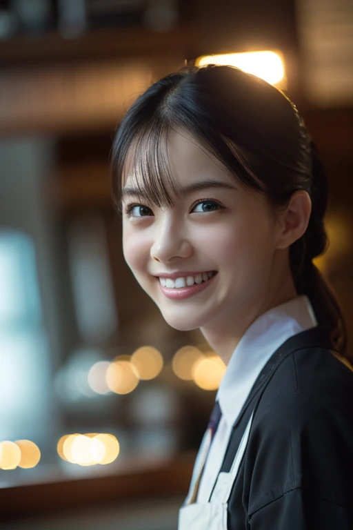 (8k, RAW photo, best quality, masterpiece), (photorealistic), outstanding details, ultra-high resolution, anatomically correct, textured skin, (Extremely precise and accurate anatomy),
Ultra Detailed Face, Detailed Eyes, 

 1 Girl, barista uniform, forehead, pulled back hair, 
(Cute Japanese girl , 20-year-old), light smile,
cinematic lighting in the hair, hair light, wind in the hair,
(open cafe), 

(backlighting), 
(reflection light from below:1.4), 
atmospheric perspective, depth of field, 
(dramatic lighting), cinematic lighting, 