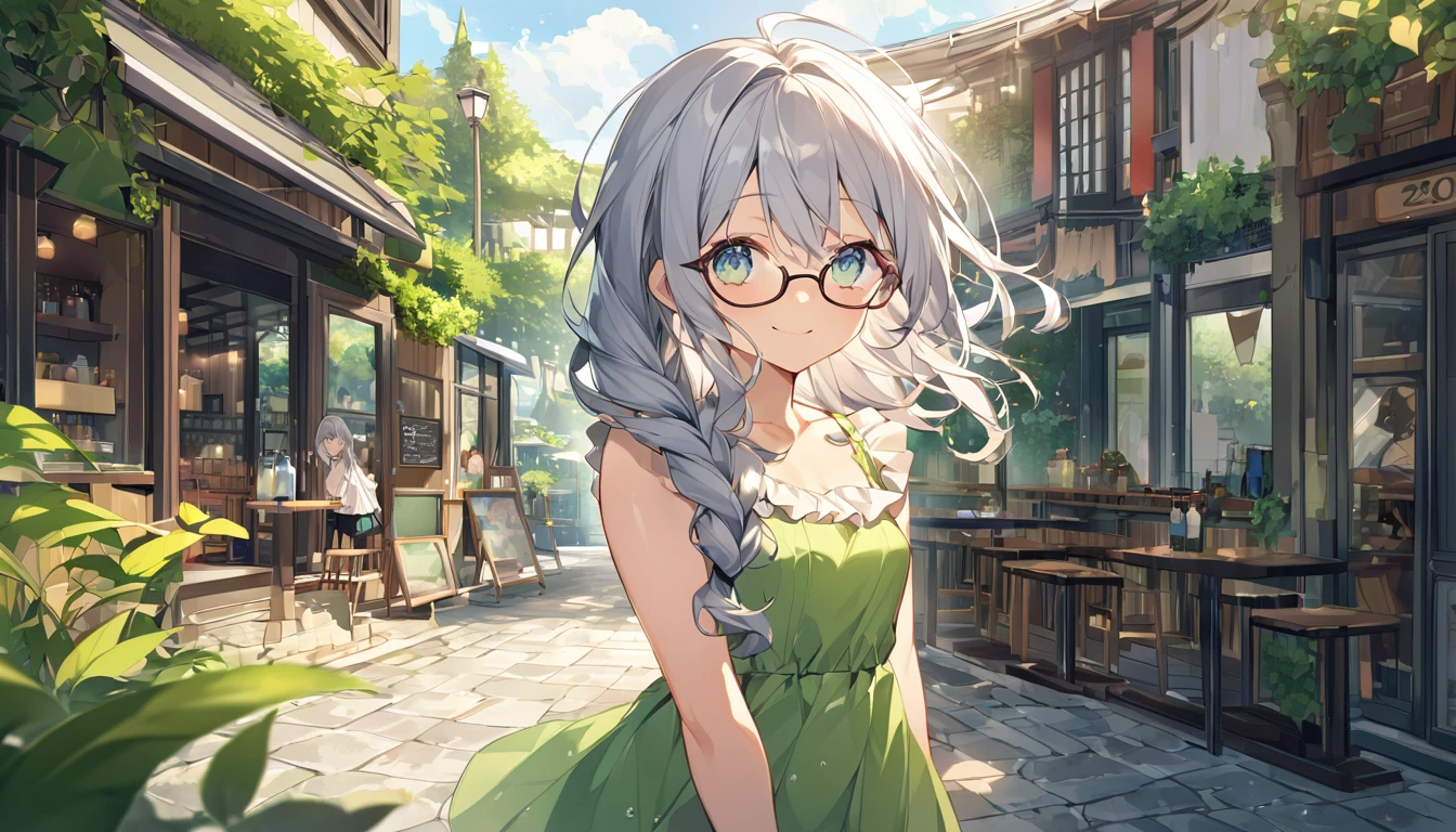 High-quality illustrations、Draw the whole body、Curly long hair with glasses、Loose braided hair、20代の少しBaby Faceな可愛い。Small breasts、Cute clothes、The location is an outdoor cafe surrounded by greenery.。smile、Draw women slightly larger、Beautiful breasts、Baby Face、skirt、A little sheer underwear、Silver Hair、Grey Hair、Slim body、Watery eyes、Looking this way, he is happy.、I&#39;m not wearing anything on my head、Ahoge、丸くBeautiful breasts、smile、Brasilia、Messy Hair、Plump thighs、Absolute area、Highest quality, Very detailed, Attention to detail, masterpiece:1.2,