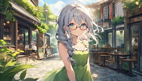 high-quality illustrations、draw the whole body、curly long hair with glasses、loose braided hair、20代の少しbaby faceな可愛い。small breasts...