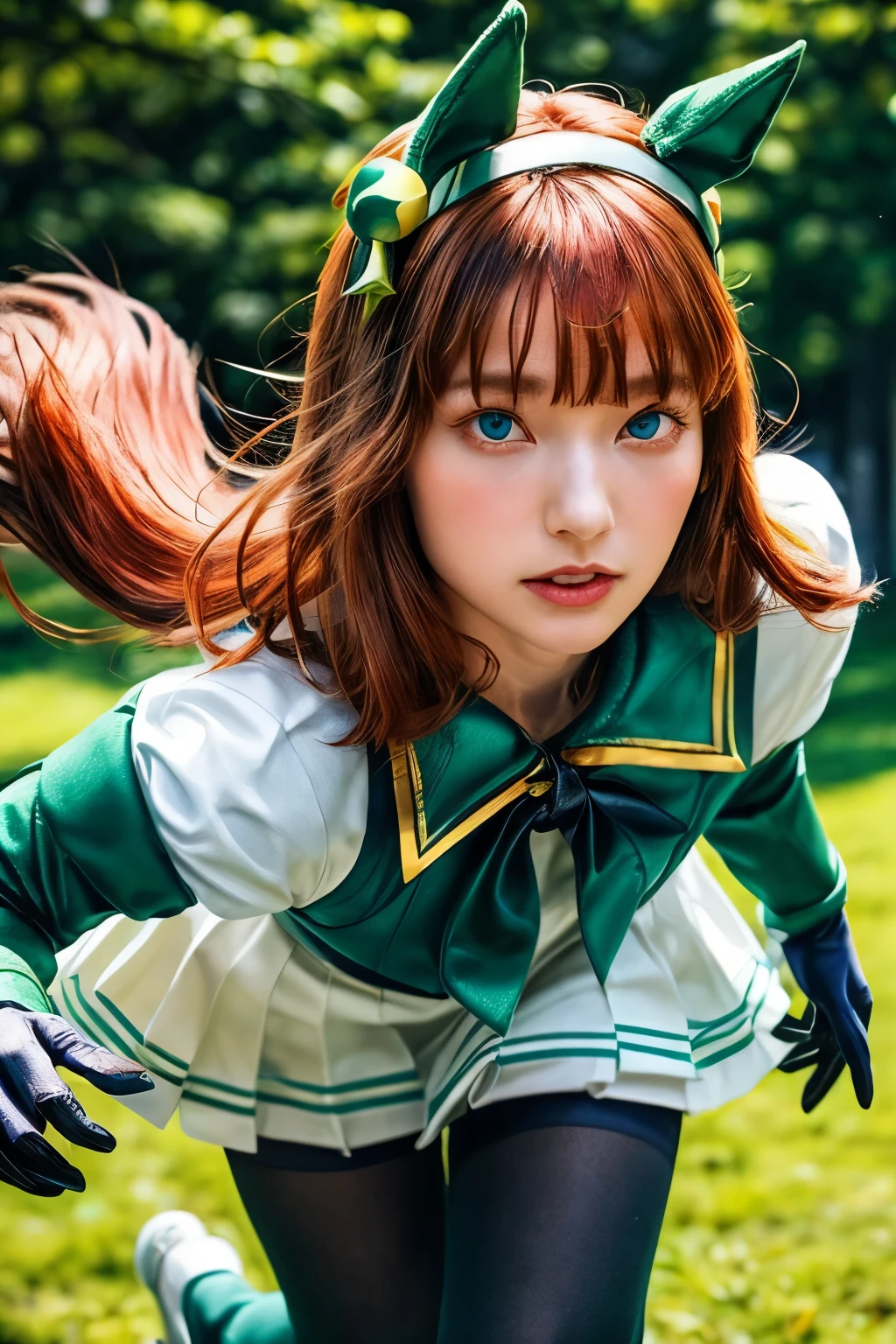 (realistic, photo-realistic:1.4), (masterpiece, best quality:1.2), RAW photo, high resolution, intricate details, extremely detailed, sharp focus, solo, 1girl, a 30s Japanese woman, (aasuzuka, long hair, ginger hair, animal ears, ear covers, white hairband, horse tail, green sailor collar, black bow, white shirt, layered sleeves, green sleeves, black gloves, white skirt, black pantyhose:1.2), shoes, (running:1.5), (detailed face, beautiful detailed eyes, beautiful pupils, sophisticated nose), pale skin, photo background, outdoors, grass,