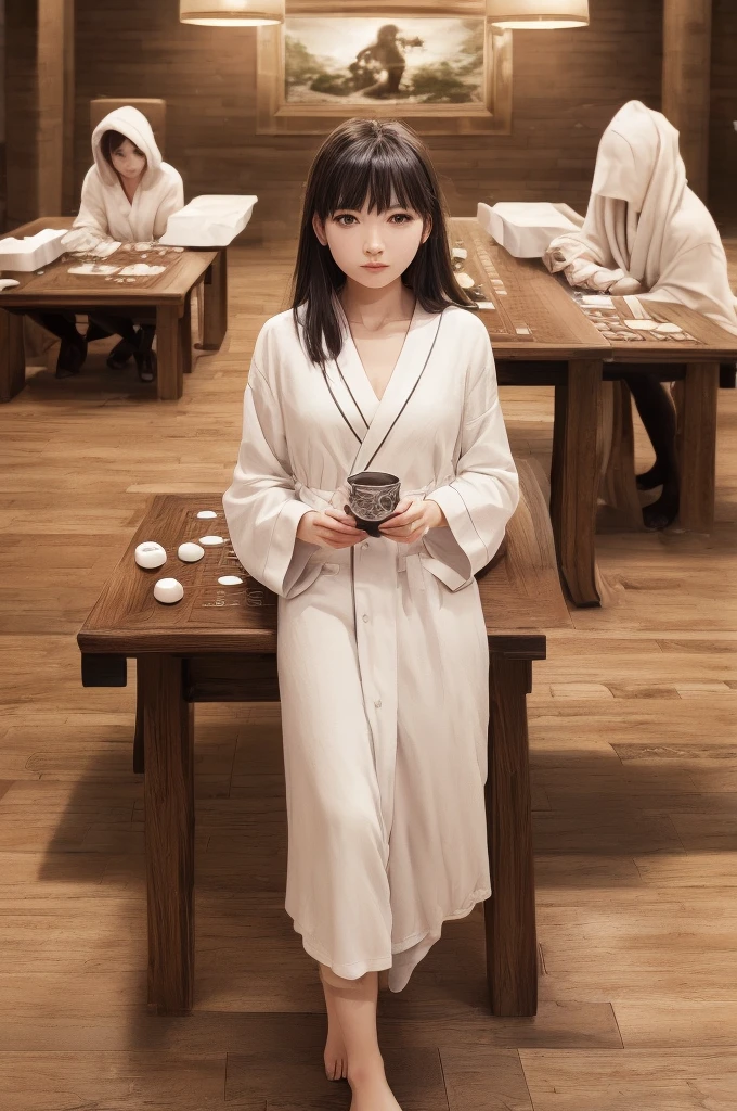 (alone:1.5),(Tabletop:1.5),(Highest quality:1.5),wonderful,beautiful,Highly detailed wallpaper,Highly detailed CG Unity 8K wallpapers,とても繊細でbeautiful目,1 person, White bathrobe,Young face,(make up:1.2)
