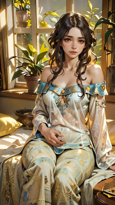 (photorealism:1.2), beautiful woman, sitting on bed, wearing loose off-shoulder top, pajama pants, long curly hair, indoors, sof...