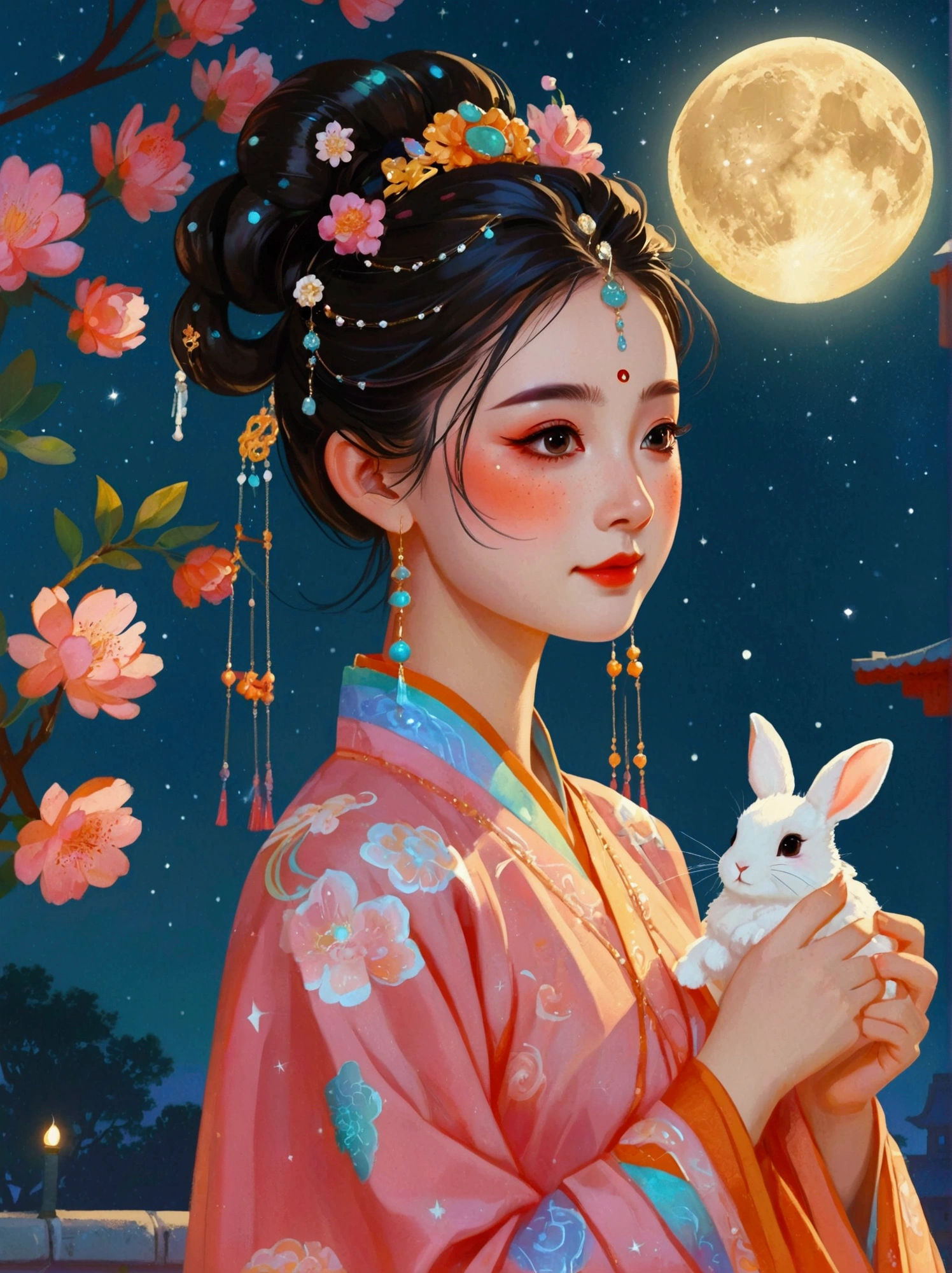 Vibrant Chinese Aesthetics，1 girl wearing Hanfu, iridescent gradient fluorescent ribbons，The clothing looks soft and warm in the moonlight, She stood under the bright moon, Dancing lightly, Surrounded by the tranquil night sky and hazy clouds, There is a round moon cake next to the girl., Looks sweet and delicious, Next to it is a cute rabbit holding another mooncake., Sparkling stars, Colorful flowers, Seems to be enjoying the food of this festival, Vibrant and fun, Exquisite，Light Wave，Tradition，Exquisite，Perfect composition，Ultra HD，Crescent earrings，Raise your eyebrows，Jade Phoenix Branch，Forehead Gem