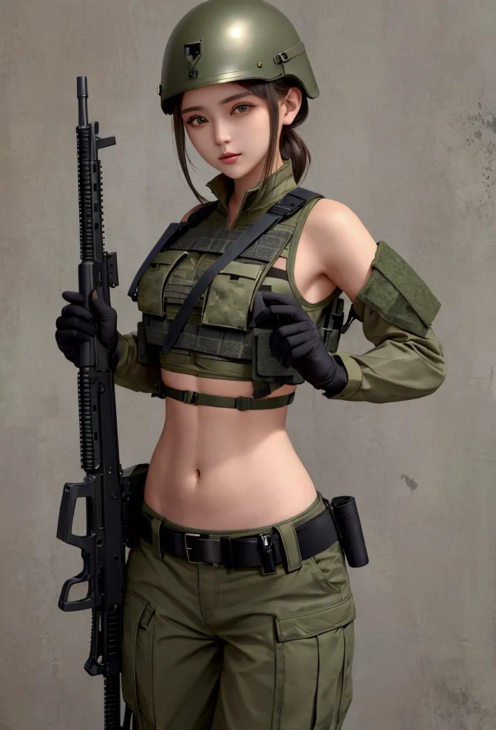 girl in crop top military bulletproof vest , military green cargo pants, belt, military helmet, tactical, (open navel), see thro...