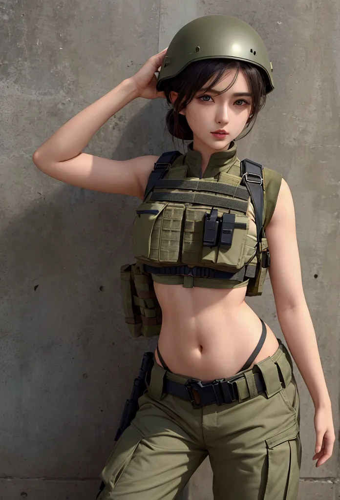 girl in crop top military bulletproof vest , military green cargo pants, belt, military helmet, tactical, (open navel), see thro...