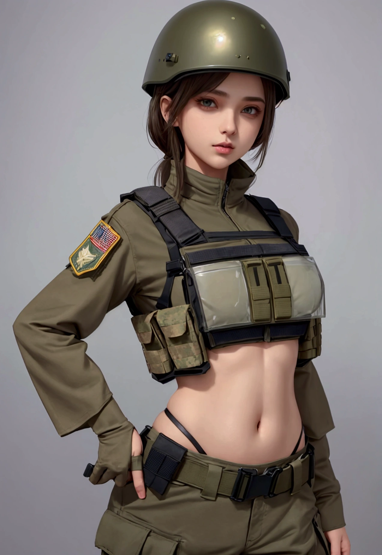 girl in crop top military bulletproof vest , military green cargo pants, belt, military helmet, tactical, (open navel), see through clothes close belly