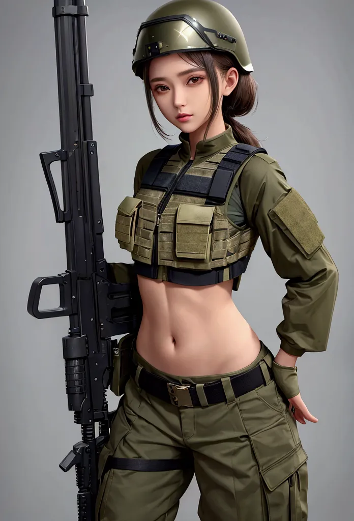 girl in crop top military bulletproof vest , military green cargo pants, belt, military helmet, tactical, (open navel), see thro...