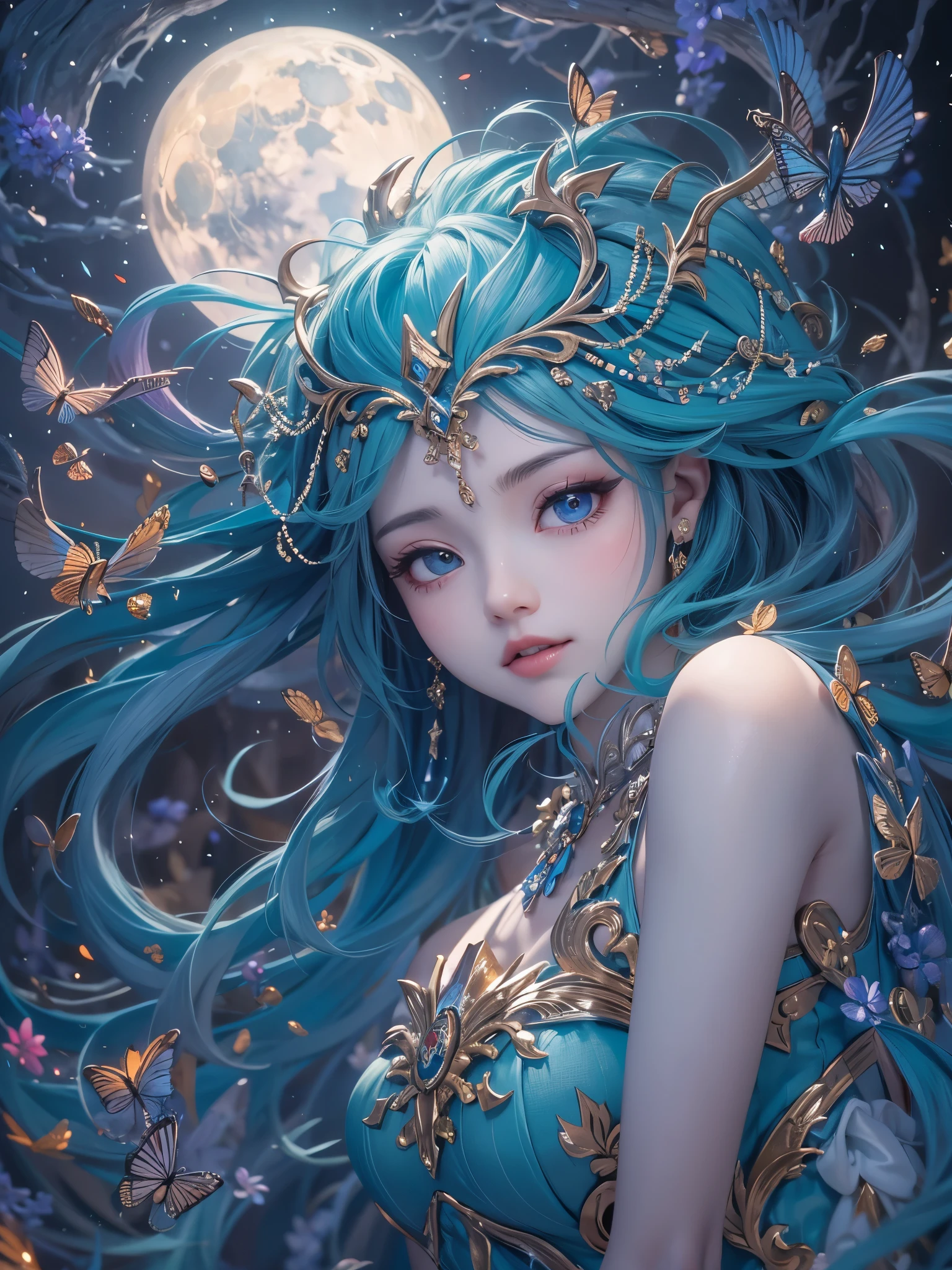 ((Highest quality)),(Ultra-high resolution),(Super detailed),(Detailed Description),((The best CG)),(masterpiece),Highly detailed art,(Art with precise detail:1.5), Blue Moon, Fairy Dance, A legend from long ago, 