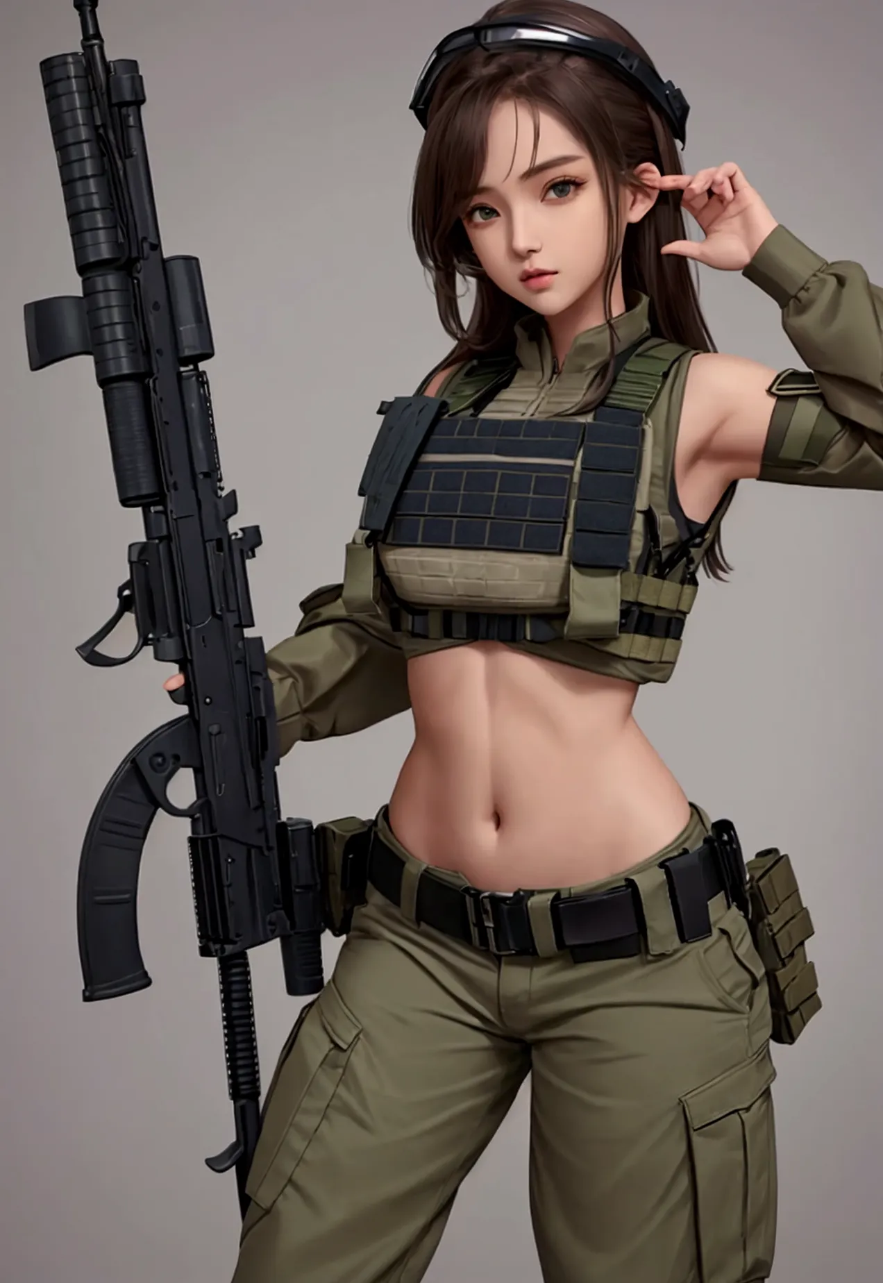 girl in crop top military bulletproof vest see through clothes inside  , military green cargo pants, belt, military helmet, tact...