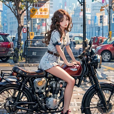 (masterpiece, highest quality:1.2), a girl straddles a bike, alone,