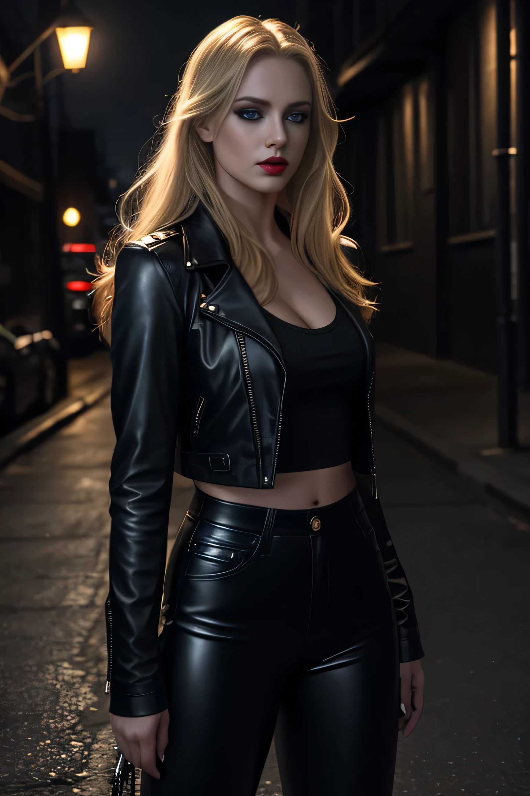 full body shot in photorealistic style, girl, sexy beautiful perfect shape, long blond hair, blue eyes, red lips, black leather pants and black leather jacket, standing in dark night gloomy alley, face lit by street lamp, background dark twilight, gloomy scary mood, perfect makeup,