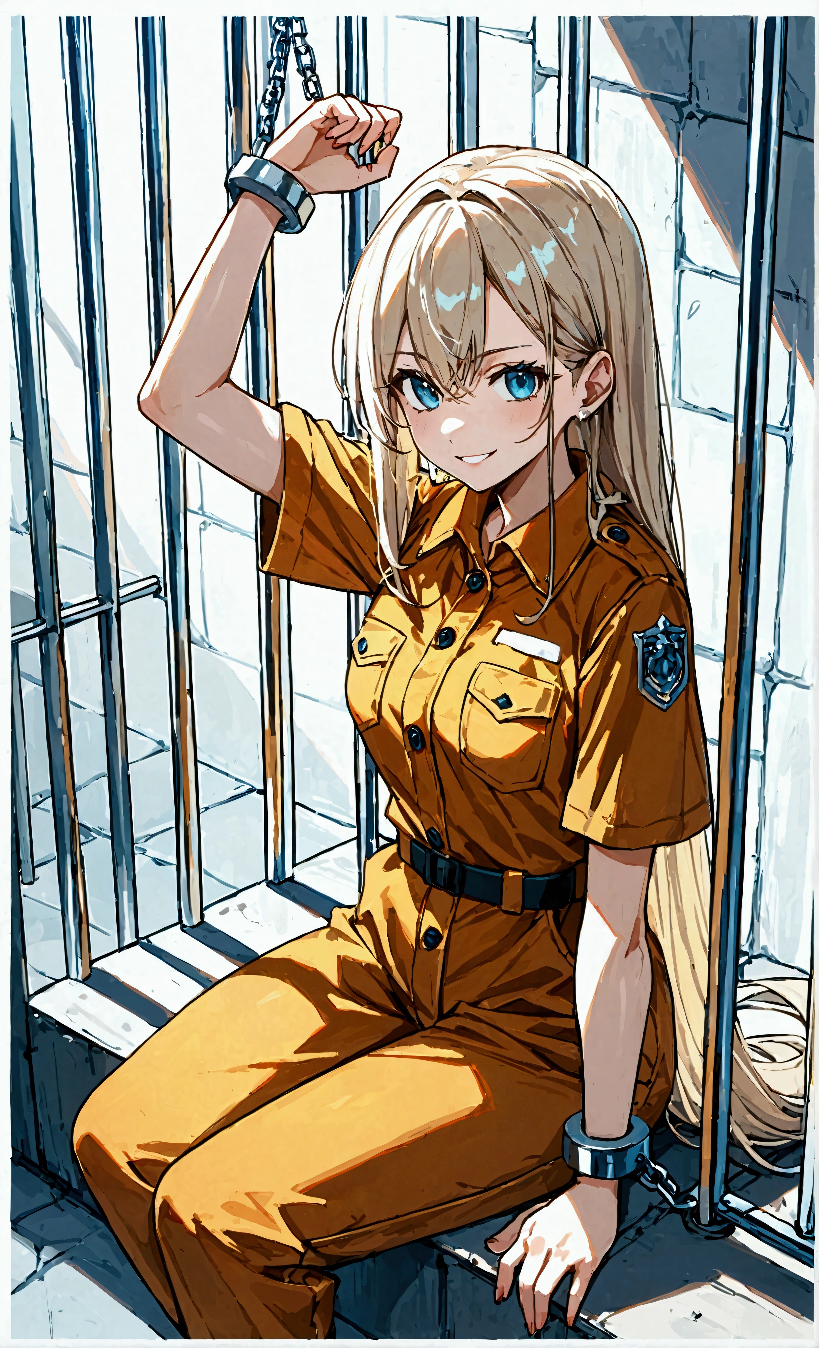 score_9, score_8_up, score_7_up, score_6_up, score_5_up, score_4_up, source_anime,source_furry,rating_safe,rating_questionable,masterpiece, best quality, perfect anatomy , very aesthetic , absurdres,solo, 1girl\(wearing prison jumpsuit\(blue and white border\), arms chained with handcuffs,sitting in jail, evil smile,dynamic angle,dynamic pose,