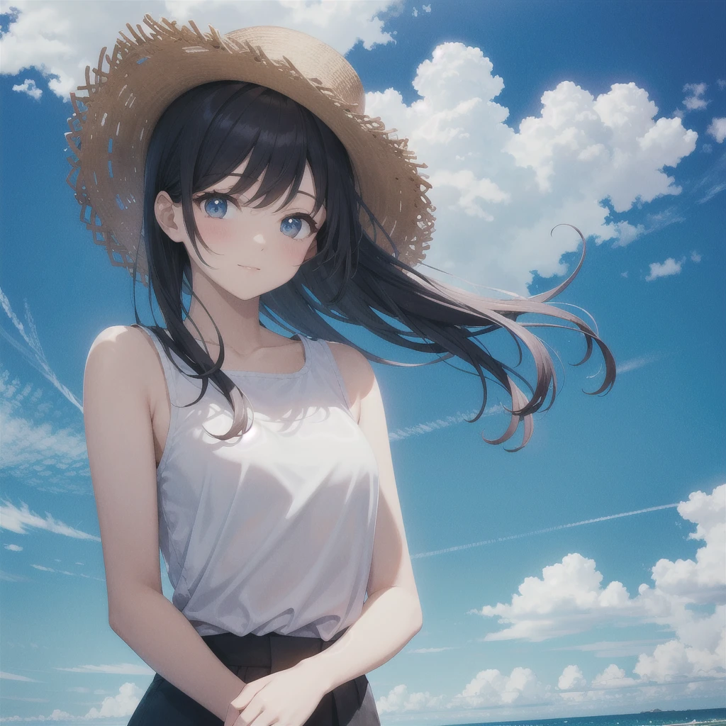 (masterpiece),    blue sky,  one person&#39;s,  smile,  alone,  Sailor suit、Long skirt,    petal,  plant、Skirt lining、Translucent slip、nostalgic、Black Pantyhose