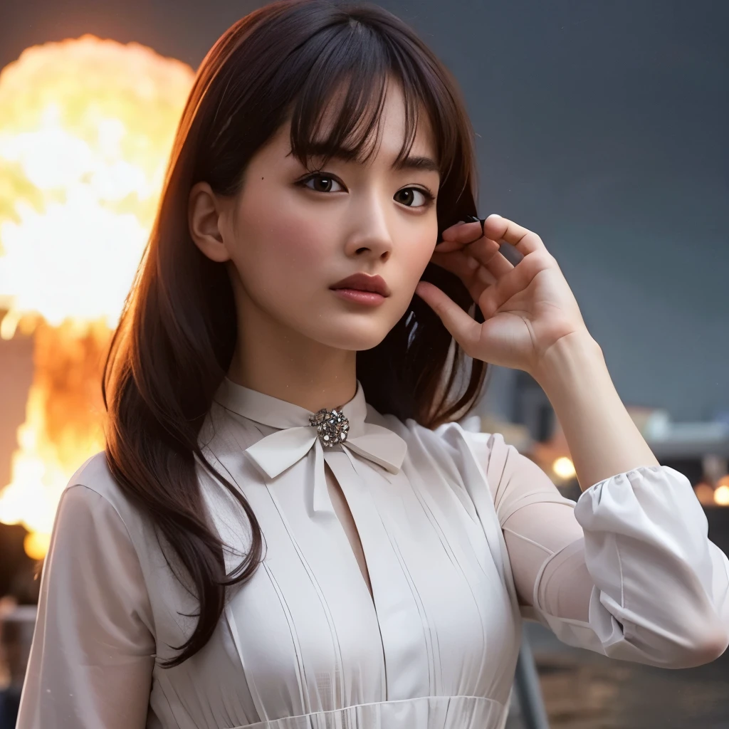 masutepiece, Exquisite, {beautiful and meticulous girl}, Beautiful and detailed halo, (Fire of War: 1.2), (nuclear explosion behind: 1.3), Rain, Detailed Lighting, Detailed water, (Beautiful and detailed eyes: 1.1), deadpan, palatial palace, sky blue hair, Scattered hair, Long bangs, eyebrows, (whitegrey dress: 1.1), a black ribbon, white bow ties, upper abdominals, large forehead, dull, flower, Long sleeves