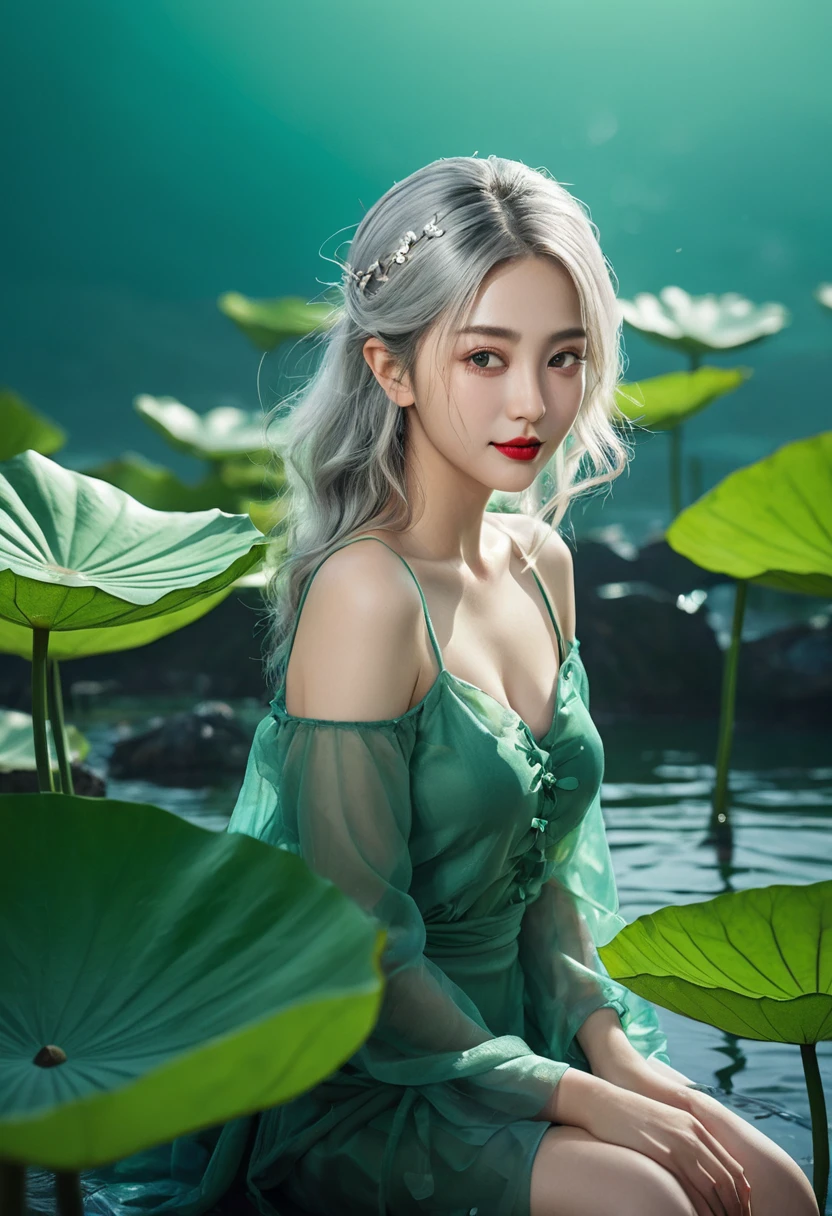 Highest quality, masterpiece, Ultra-high resolution, (Reality:1.4), Realistic, Very detailed, Original photo, One person, Portraiture, (whole body), Fairy, Silver Hair, alone, (Dynamic posture:1.4), mini_skirt, (Dark sea green shade:1.2), Giant lotus leaf, dress, Looking at the audience, Long sleeve, Red lips, smile, 50mm, F0.8, 8K RAW, Depth of written boundary