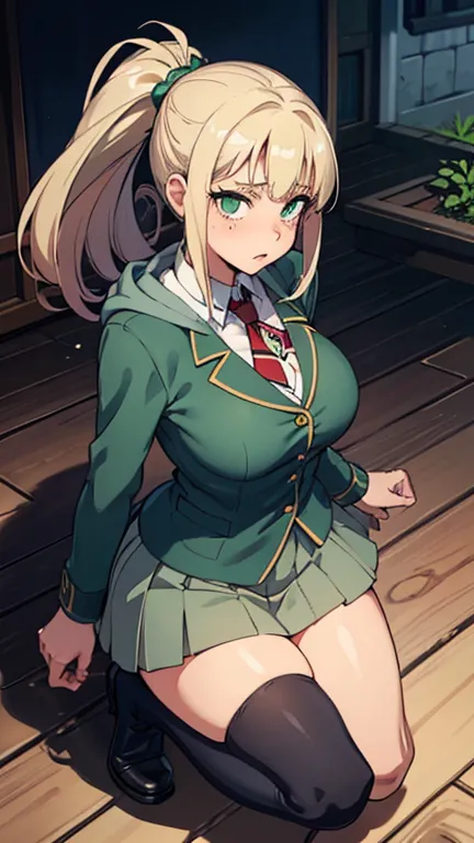 Fantasy World,Blazer school uniform,Shallow onion color,Look up々New collar,Short skirt length,Cardigan with hood,Self-defense dagger on waist,Dark green long hair,Two ponytails,round face,Beauty,cute,Large breasts,Plump thighs,No muscle,Fair skin,Light green eyes,Long knee-high socks,short boots,