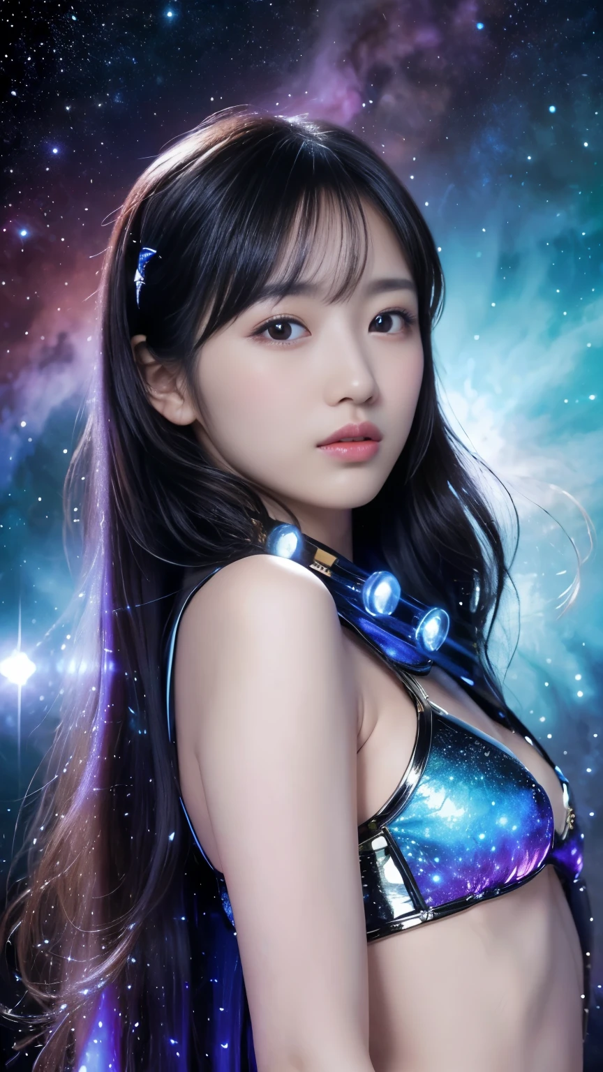 4K Ultra HD, masterpiece, A girl with a magical aura, Nice face, Long Hair, Shiny Hair, Detailed eyes, Glossy Lips, Blue Tata Costume, Aura around the body, Magical Effects, Spreading white light, Cosmic elements and ethereal atmosphere, A mix of bright lights and colorful nebulae, Space Background, Perfect body,