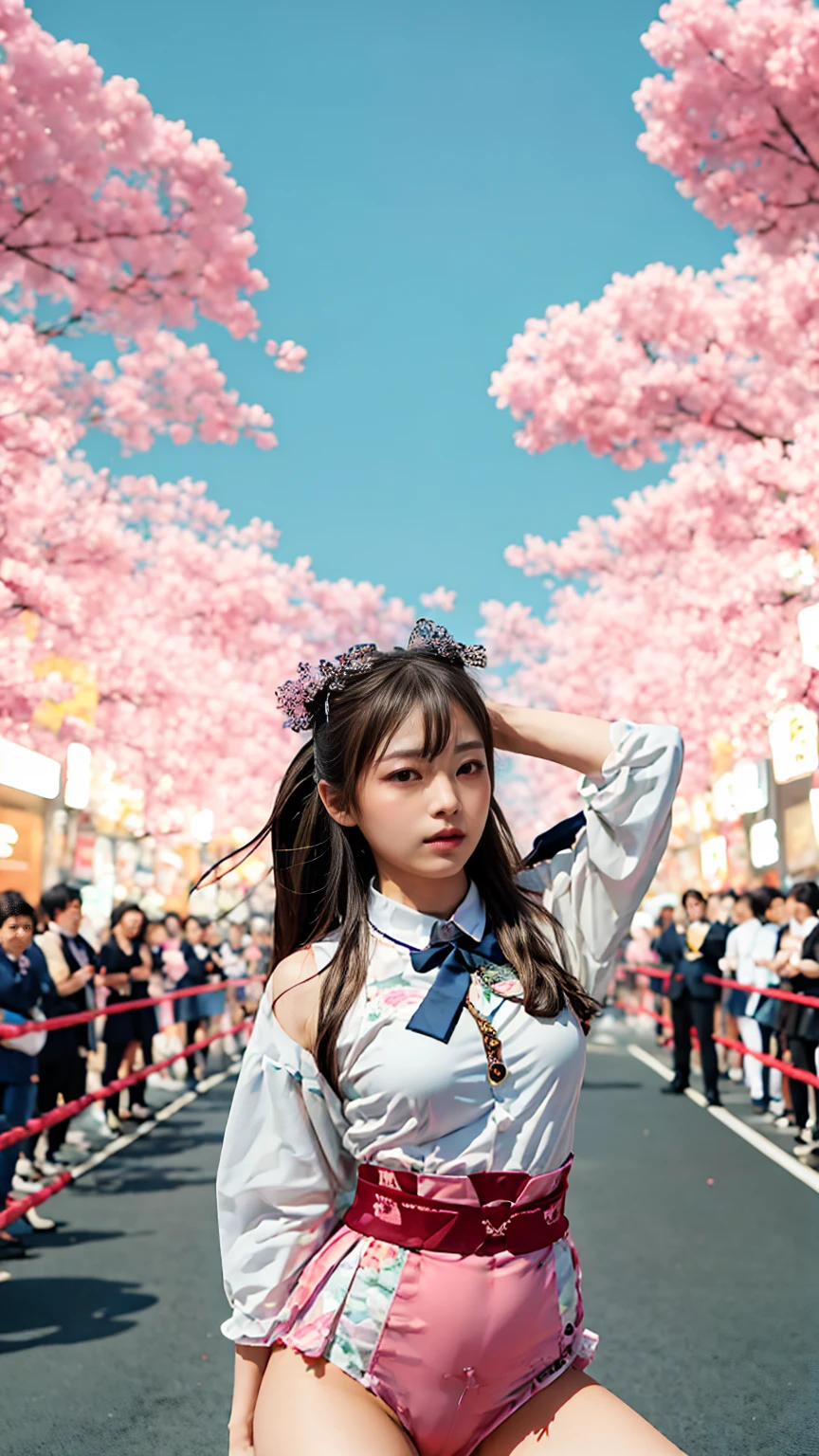 「Wearing a cherry-pink uniform、A Japanese college student with twin tails、He delivers a hundred punches with exaggerated movements like in an anime.。Around her、Onomatopoeia and lines of movement are used to represent the sound of the wind that represents the impact of the punch.。The Tokyo cityscape can be vaguely seen in the background.。」