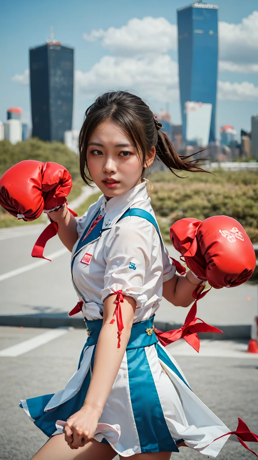 「Wearing a cherry-pink uniform、A Japanese college student with twin tails、He delivers a hundred punches with exaggerated movements like in an anime.。Around her、Onomatopoeia and lines of movement are used to represent the sound of the wind that represents the impact of the punch.。The Tokyo cityscape can be vaguely seen in the background.。」