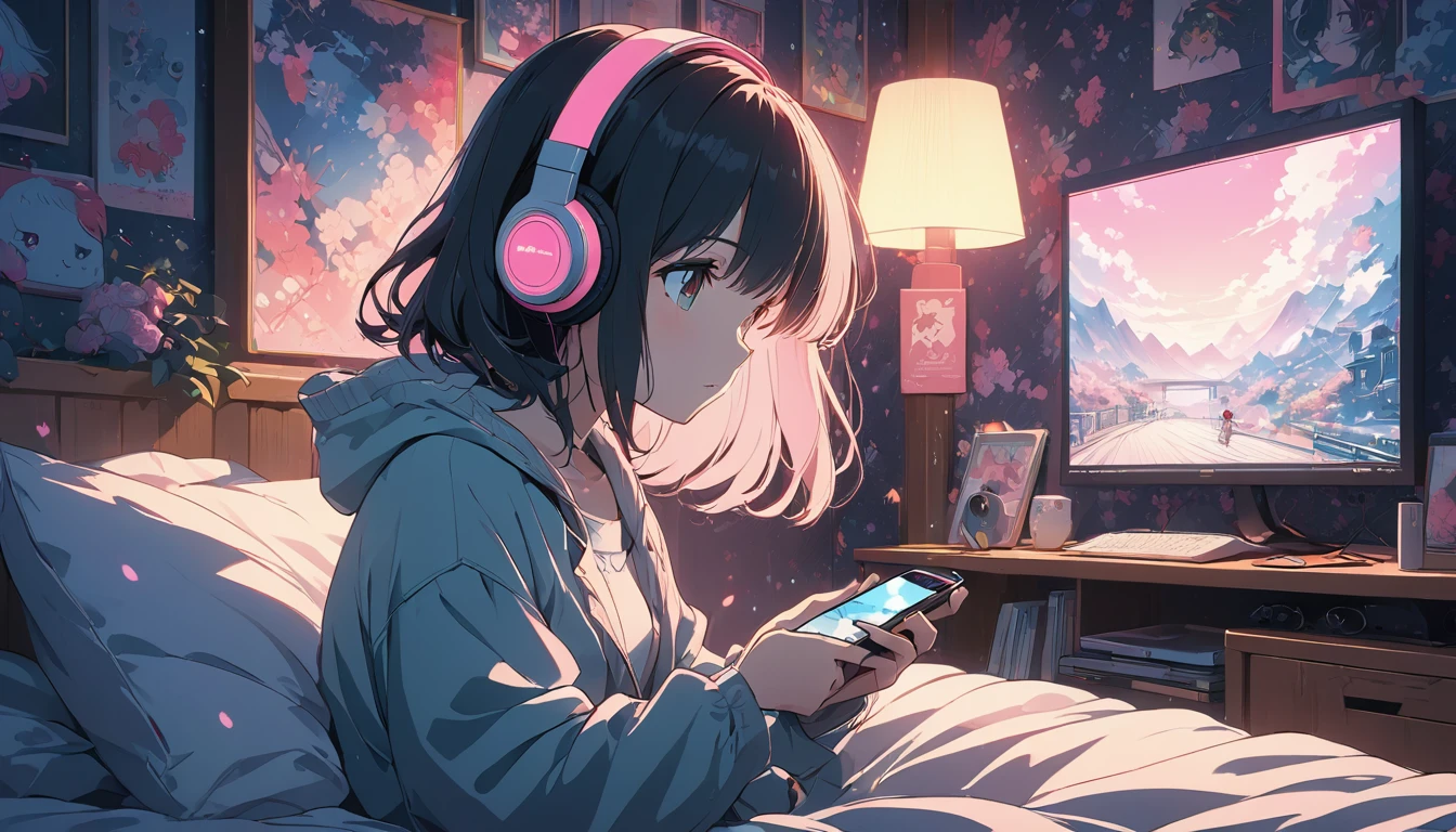 I put on my headphones and sat on my bed、Anime girl looking at her cell phone, Anime Style 4 k, Anime Art Wallpapers 8K, LOFI Girl, anime art wallpaper 4k, anime art wallpaper 4k, anime wallpaper 4k, anime wallpaper 4k, Anime atmosphere, 4k anime wallpaper, Lo-fi art style, Anime Style. 8k