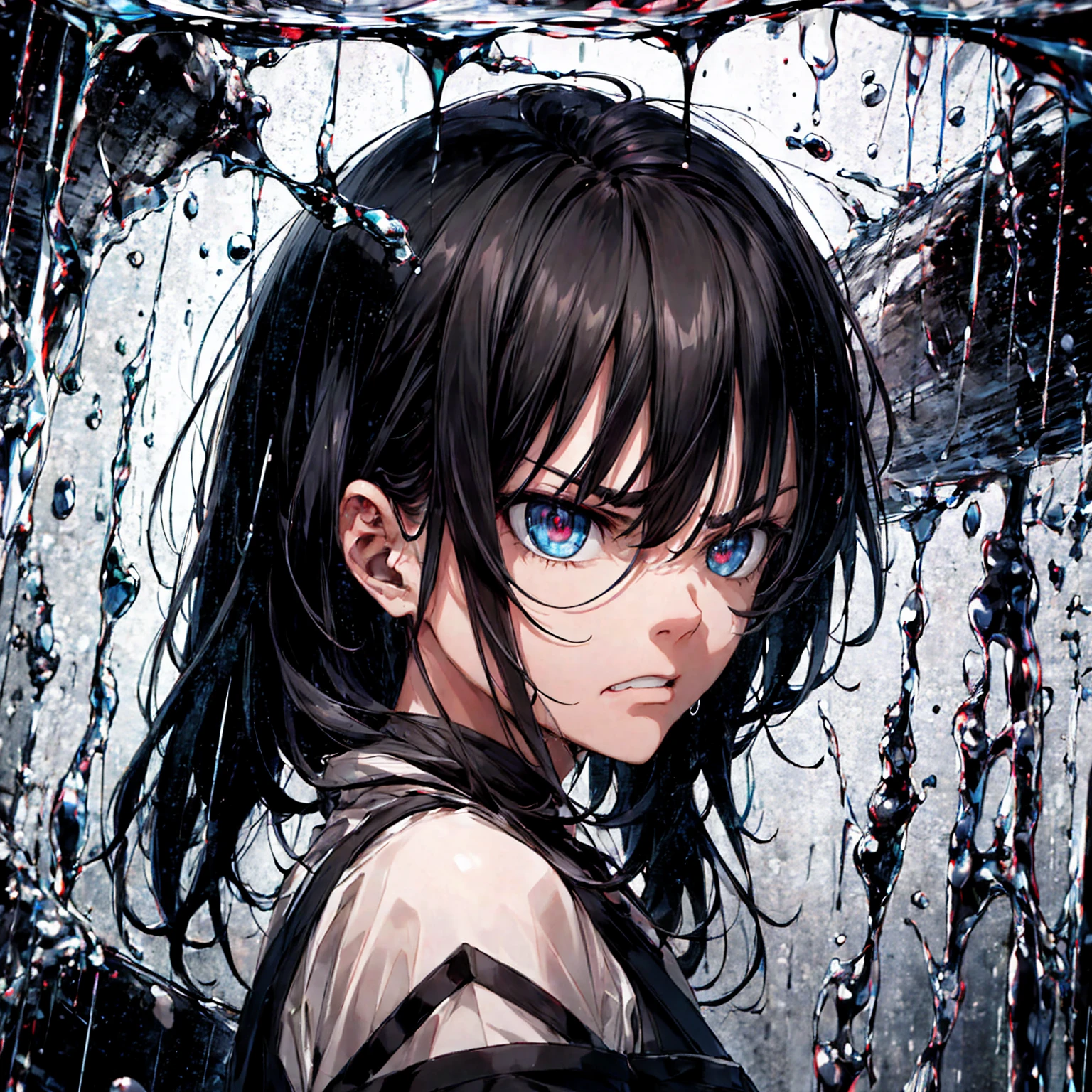 (Best Quality,8k,Ultra-detailed),(Realist:1.37),(Portraiture,Conceptual artist),Intense colors,Sharp focus,(rain:0.9),(Angry Eyes:1.1),length, Damp black hair,Glass barrel bottom,Eye contact with viewers,violent storm background,終わりのないrain)